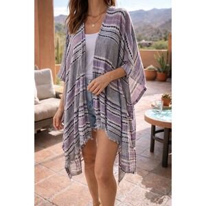 American Eagle One Size Boho Kimono Duster Southwestern Stripe Open Front Fringe